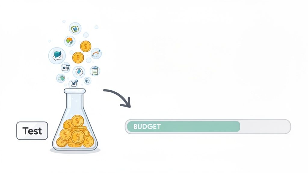 A scientific flask labeled 'Test' filled with golden coins, emitting bubbles with marketing icons, pointing to a 'BUDGET' progress bar.