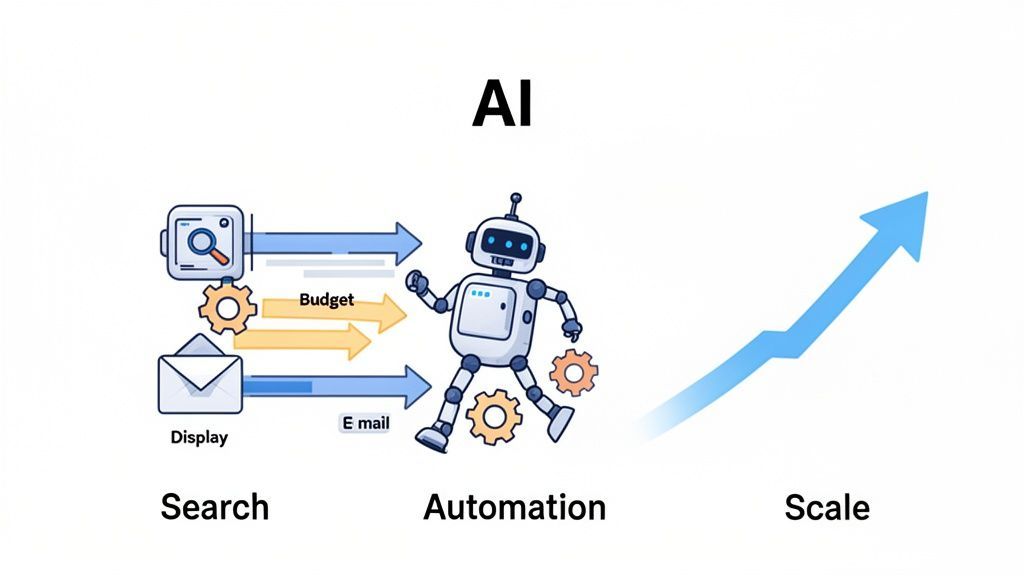 AI-powered marketing diagram showing search, display, email, and budget automation leading to scale.