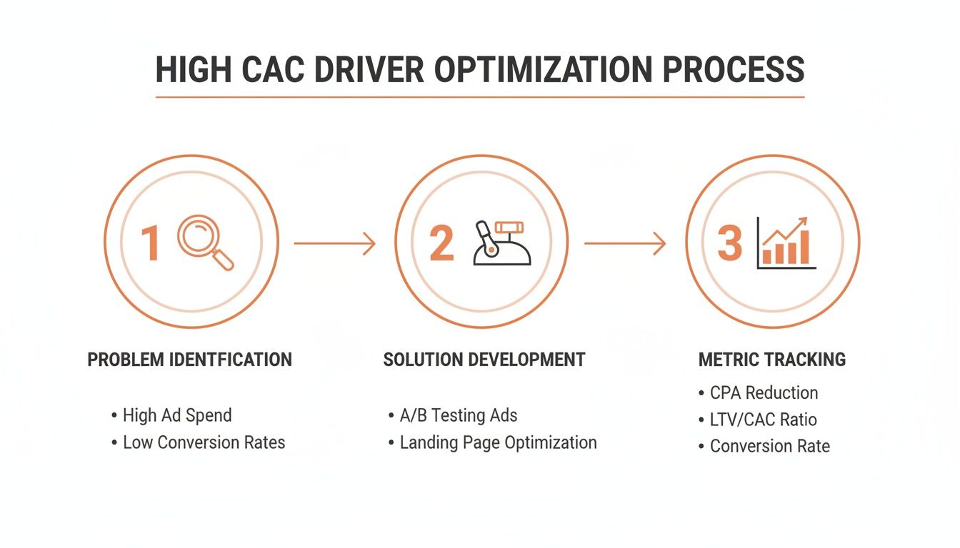 Infographic outlining a three-step high Customer Acquisition Cost (CAC) optimization process for businesses.