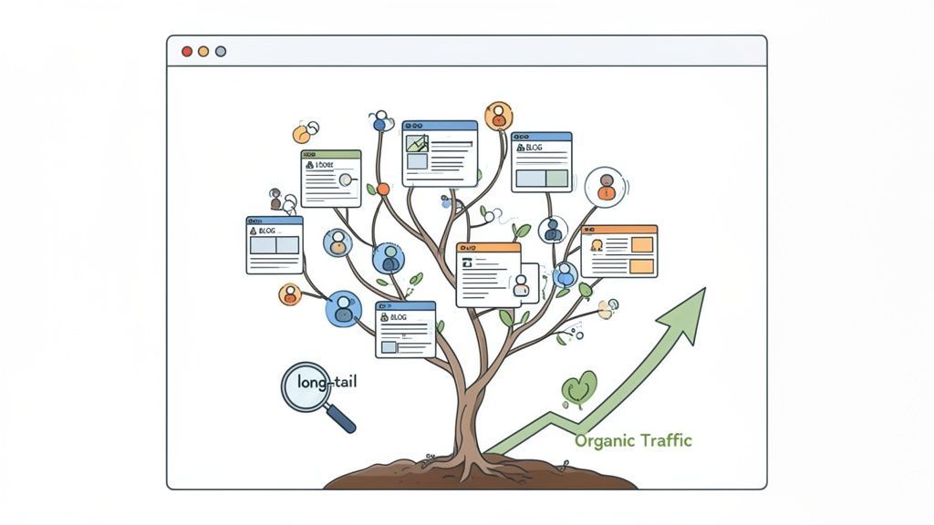An illustration of content marketing strategy with a tree of blog posts generating organic traffic via long-tail keywords.