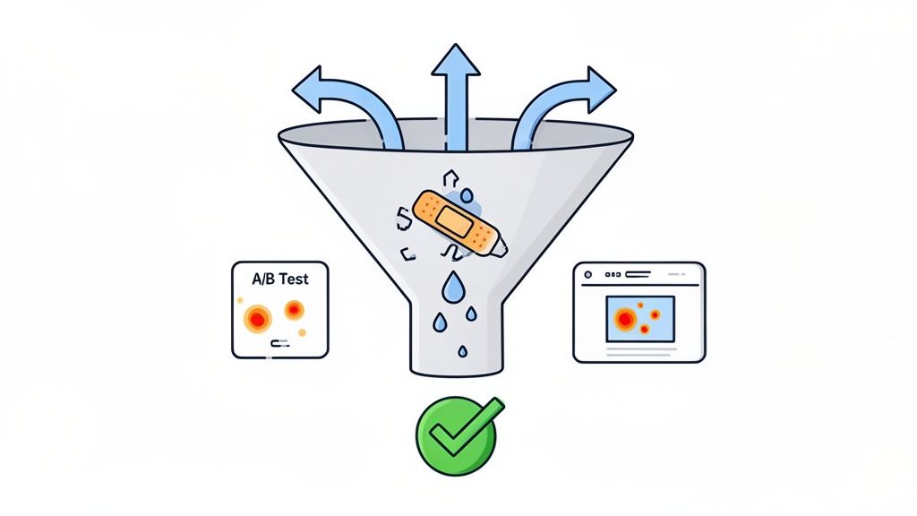 Illustration of A/B testing and data optimization process using a funnel, leading to a successful outcome.