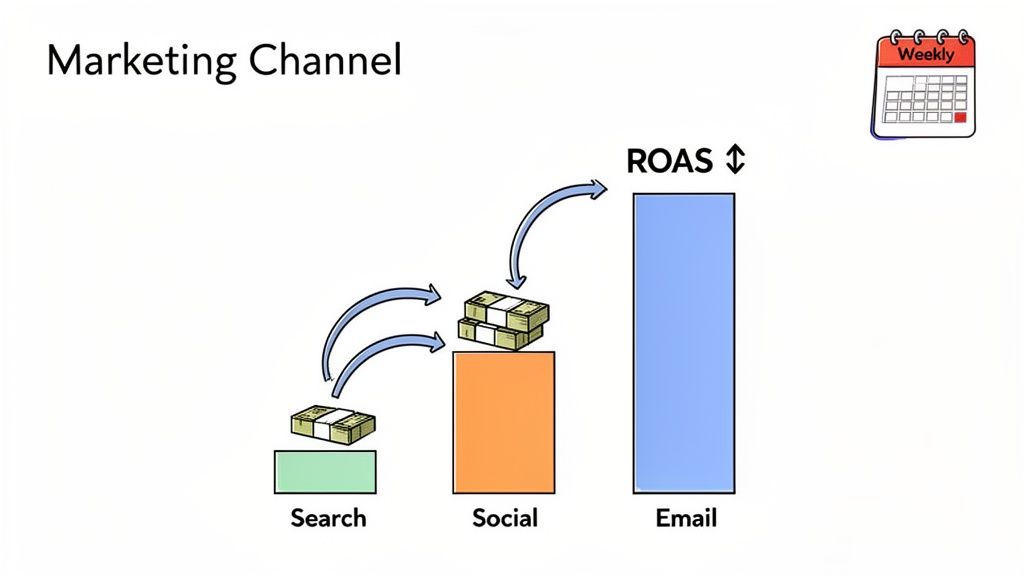 Bar chart illustrating marketing channel performance and Return on Ad Spend (ROAS) across search, social, and email.