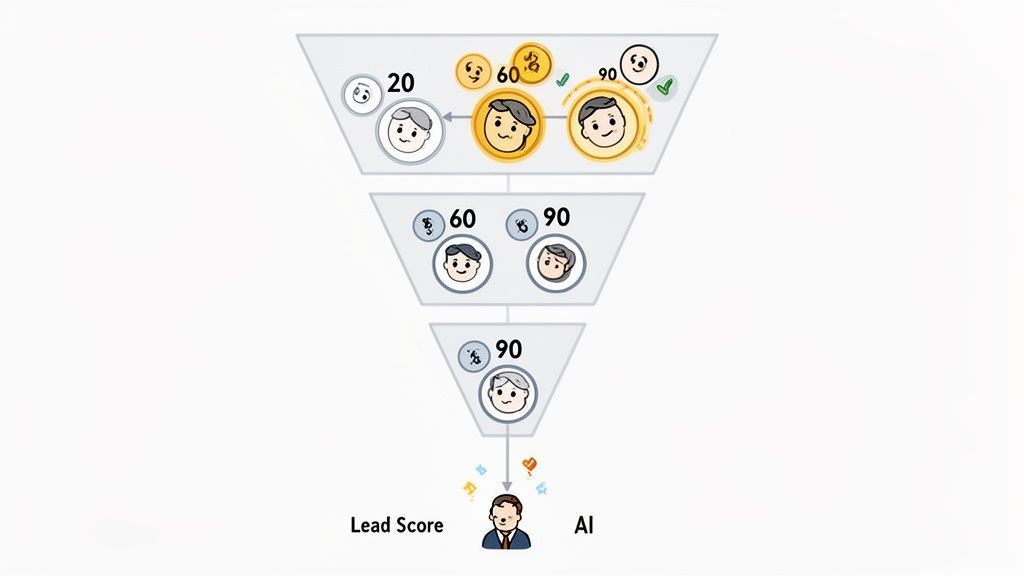 A marketing funnel illustrating lead scoring stages with customer profiles, scores, and AI integration.