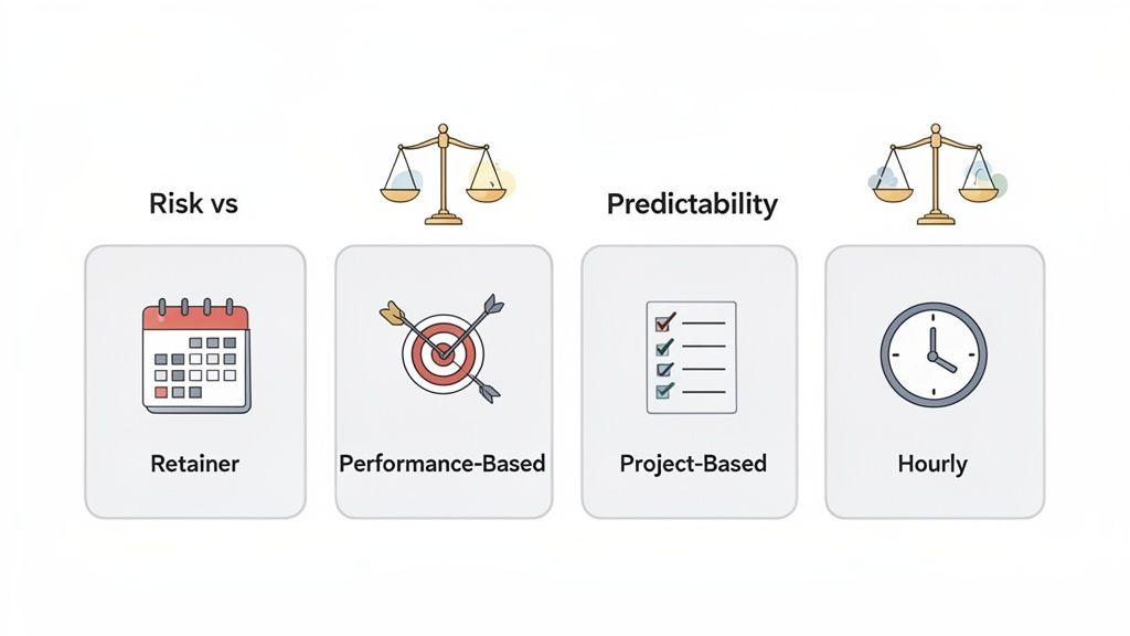 Infographic comparing marketing agency pricing models: Retainer, Performance-Based, Project-Based, and Hourly.