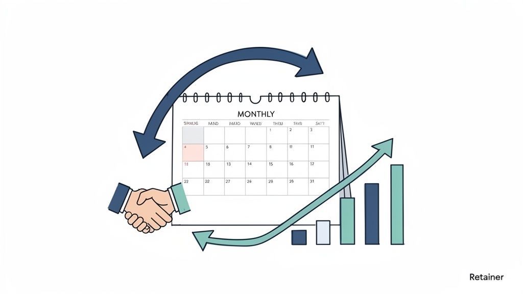 Monthly calendar, handshake, and arrows showing a continuous cycle leading to business growth, typical of a retainer.