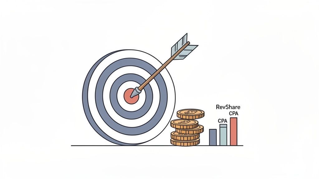 An arrow hits a bullseye, with stacked gold coins and a bar chart comparing RevShare and CPA models.