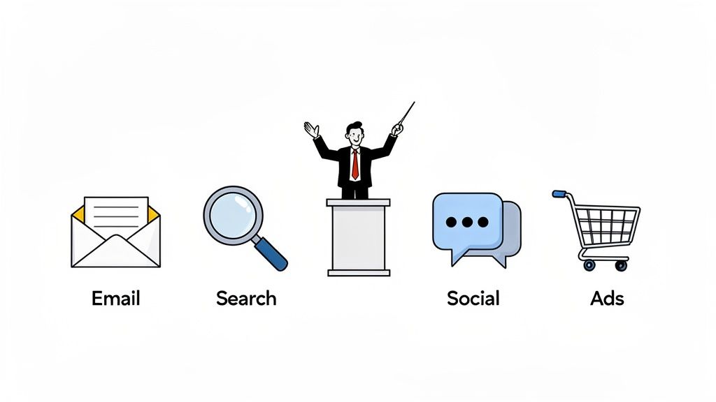 Illustration of various marketing channels: Email, Search, Social, and Ads, with a speaker at the center.