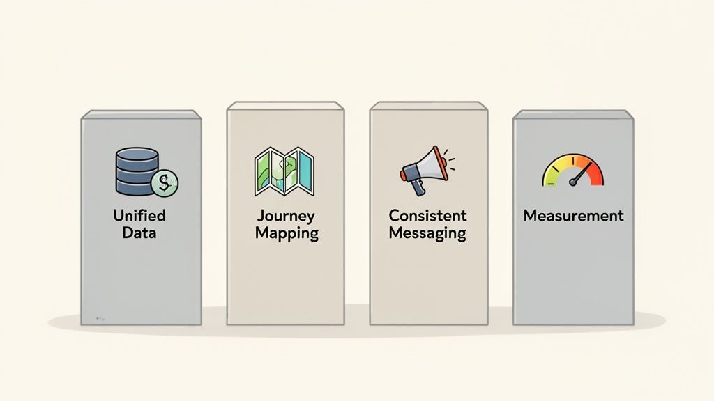 Four vertical panels illustrating key marketing strategy pillars: Unified Data, Journey Mapping, Consistent Messaging, and Measurement.