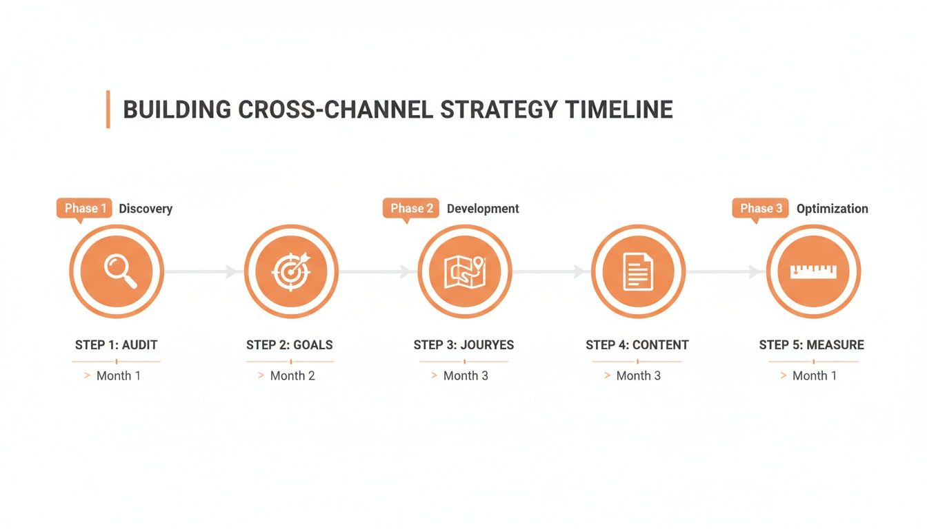 An infographic timeline detailing the audit, goals, journeys, content, and measure steps for a cross-channel strategy.