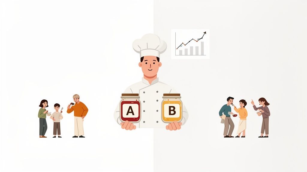 Illustration of A/B testing: a chef presents two options, people taste, and a growth graph is shown.