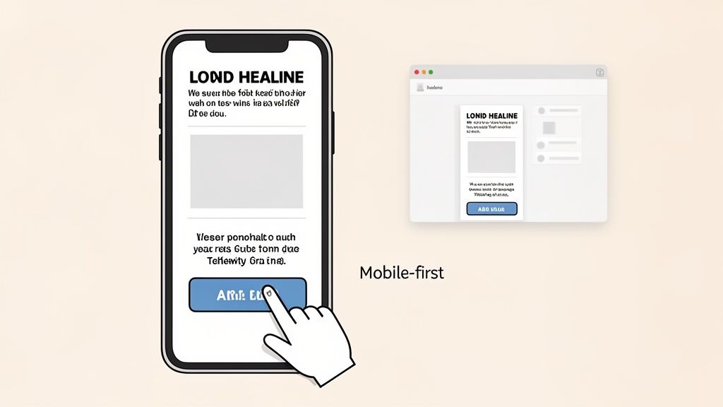 A finger taps a button on a mobile phone displaying a web page, next to a desktop browser window, illustrating a mobile-first design strategy.
