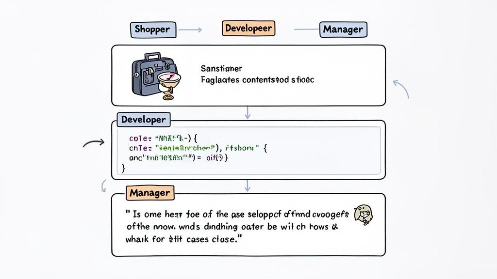 A cartoon diagram illustrating a humorous software development workflow between Shopper, Developer, and Manager roles.