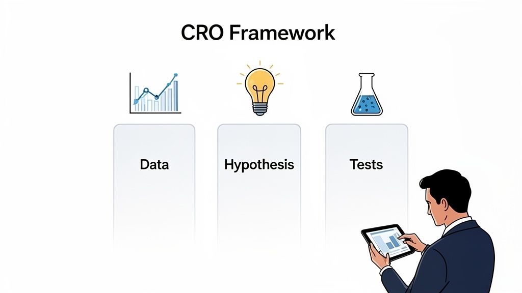 CRO Framework outlining steps for conversion rate optimization: Data, Hypothesis, and Tests, with a man analyzing on a tablet.
