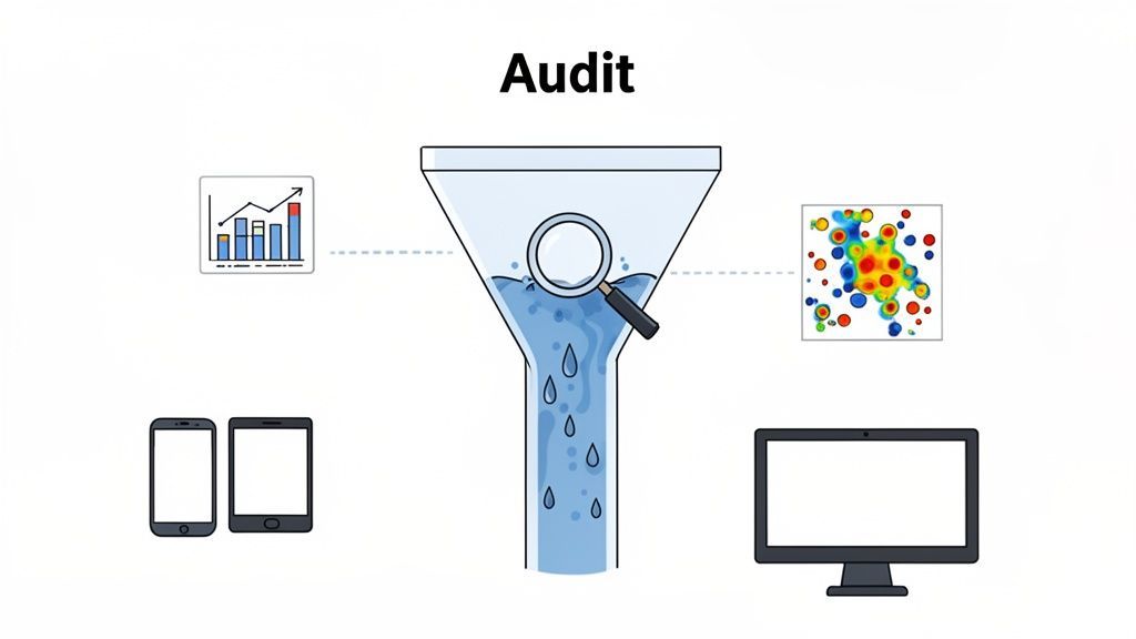 An illustration showing data from devices and analytics being fed into an audit funnel.