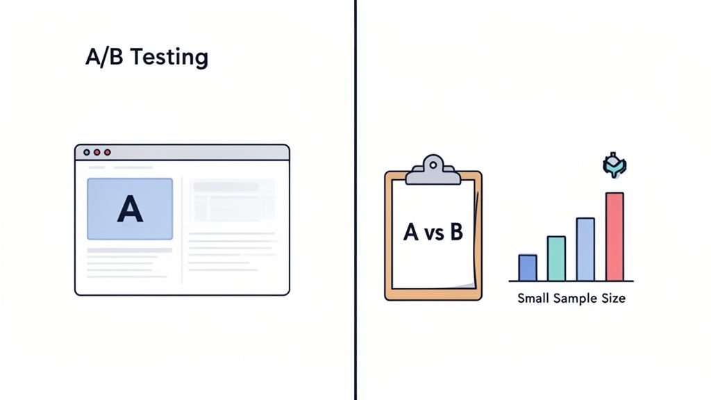 Illustration depicting A/B testing, showing webpage version A, a clipboard, and a bar chart.