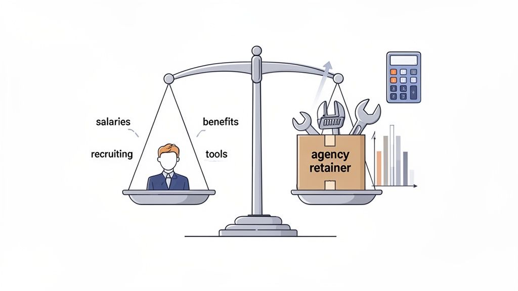 A scale balances in-house employee costs (salaries, recruiting, benefits) against an agency retainer with tools.