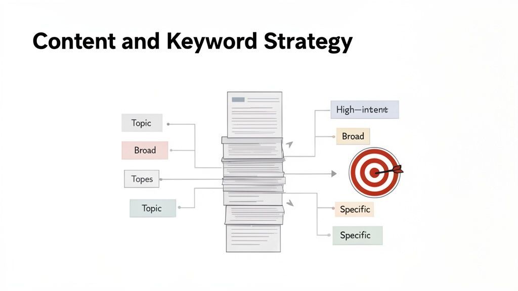 Diagram illustrating content and keyword strategy, showing how topics and content map to different keyword intents.