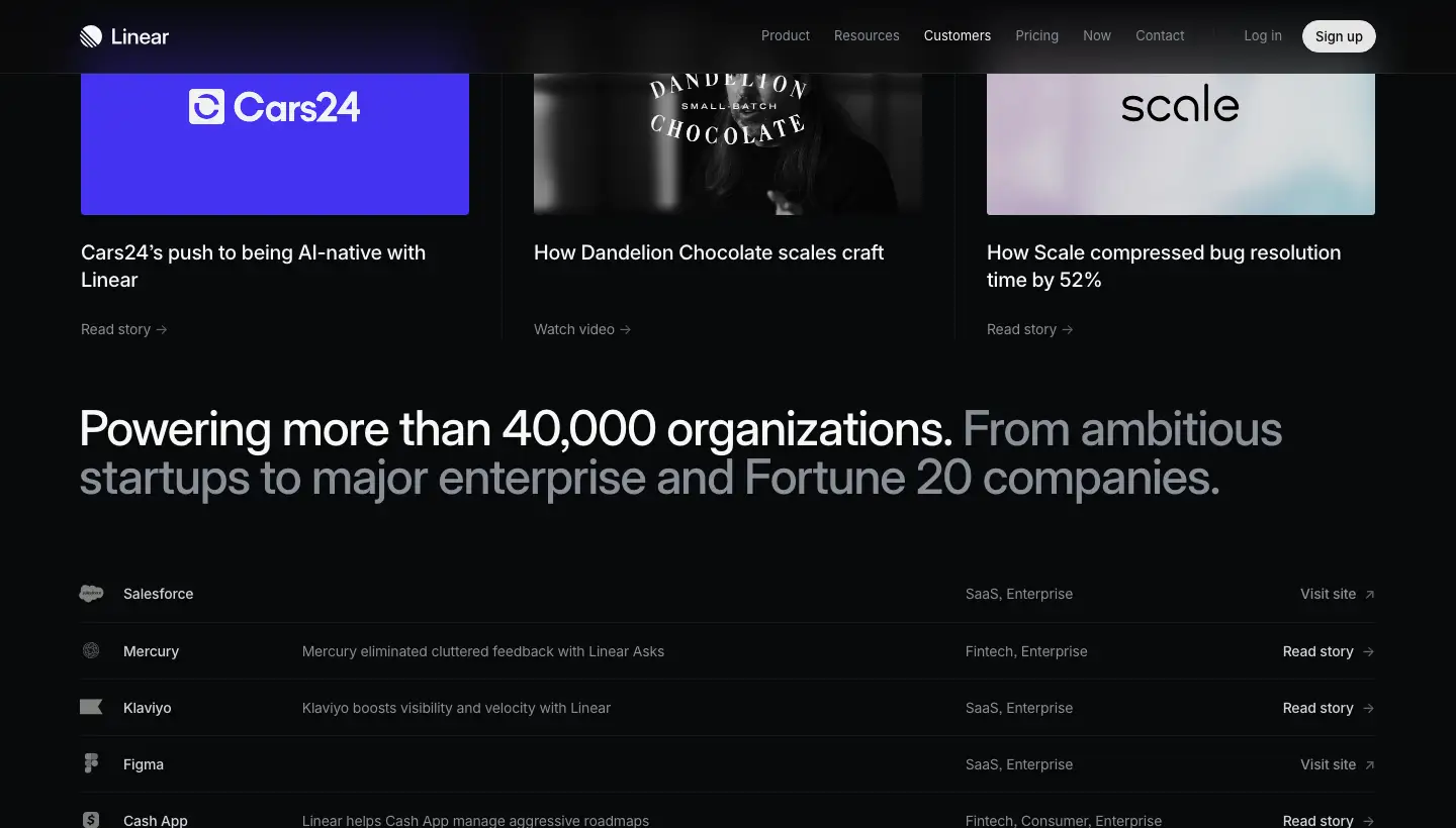 Screenshot of linear.app/customers, captured 10 Oct 2026